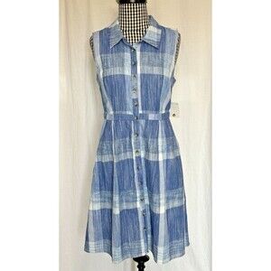 MODCLOTH Broadcaster News Linen Blue White Plaid Sleeveless Midi Shirt Dress